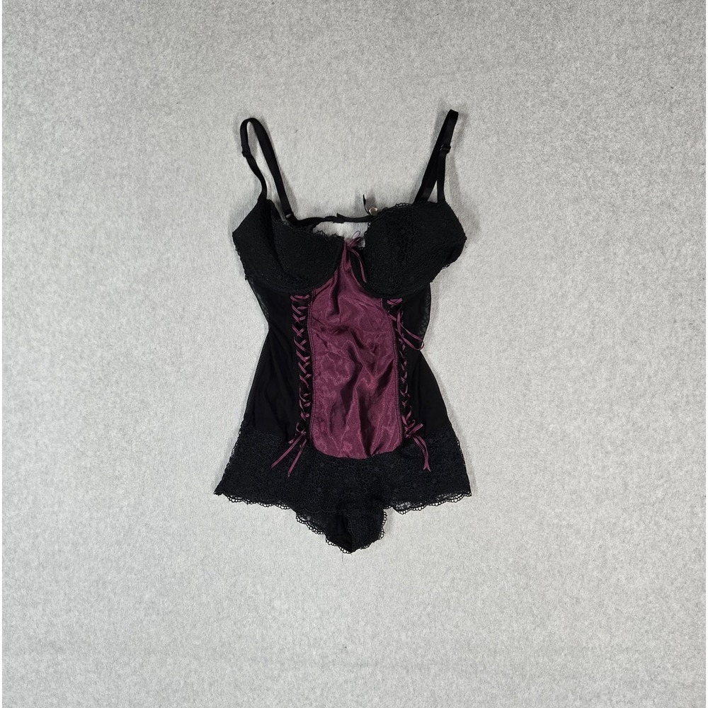 Frederick's Of Hollywood Women Bra 34B Black Teddy Underwired Lace Bow